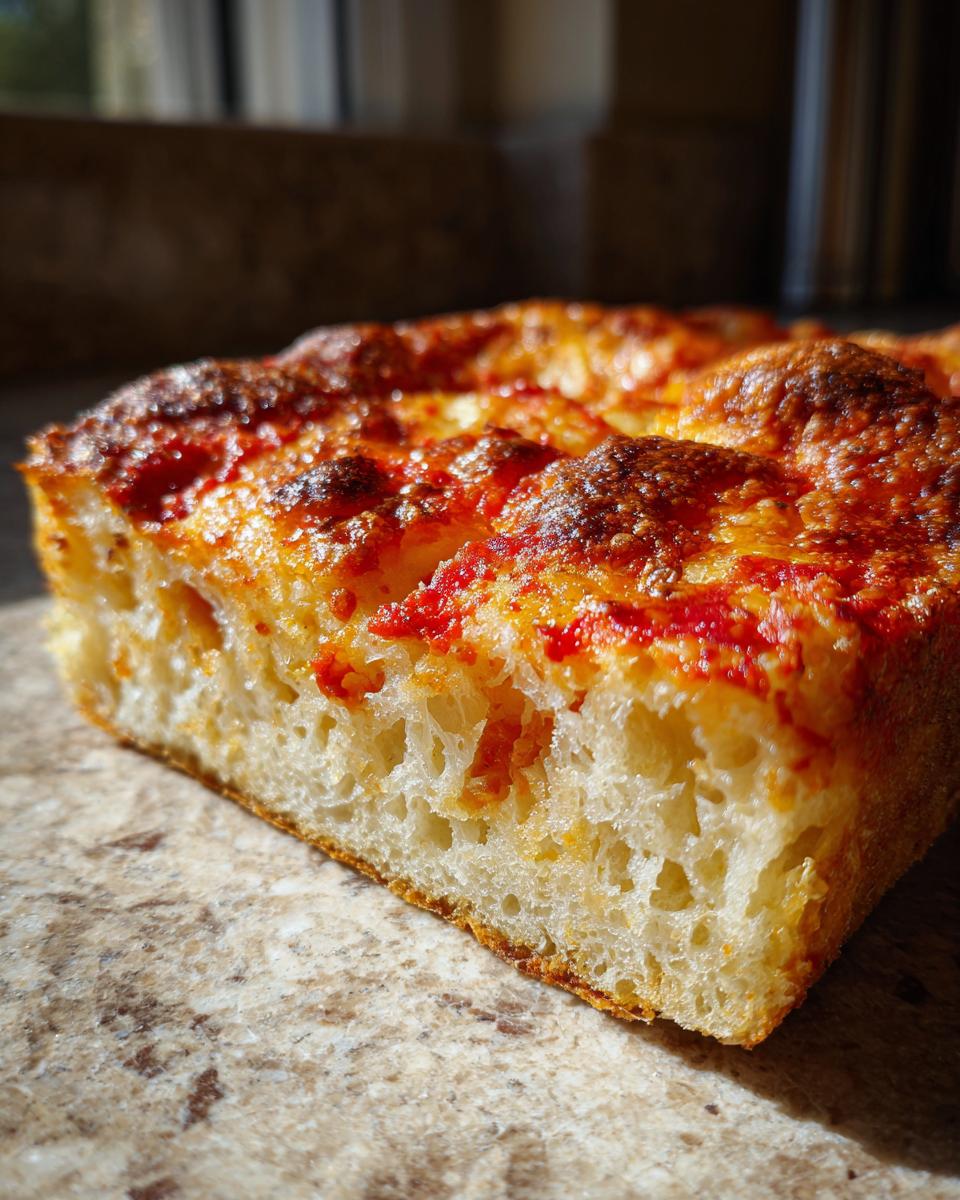 Cross-section view showing the airy, thick crumb structure of homemade Sicilian pizza.