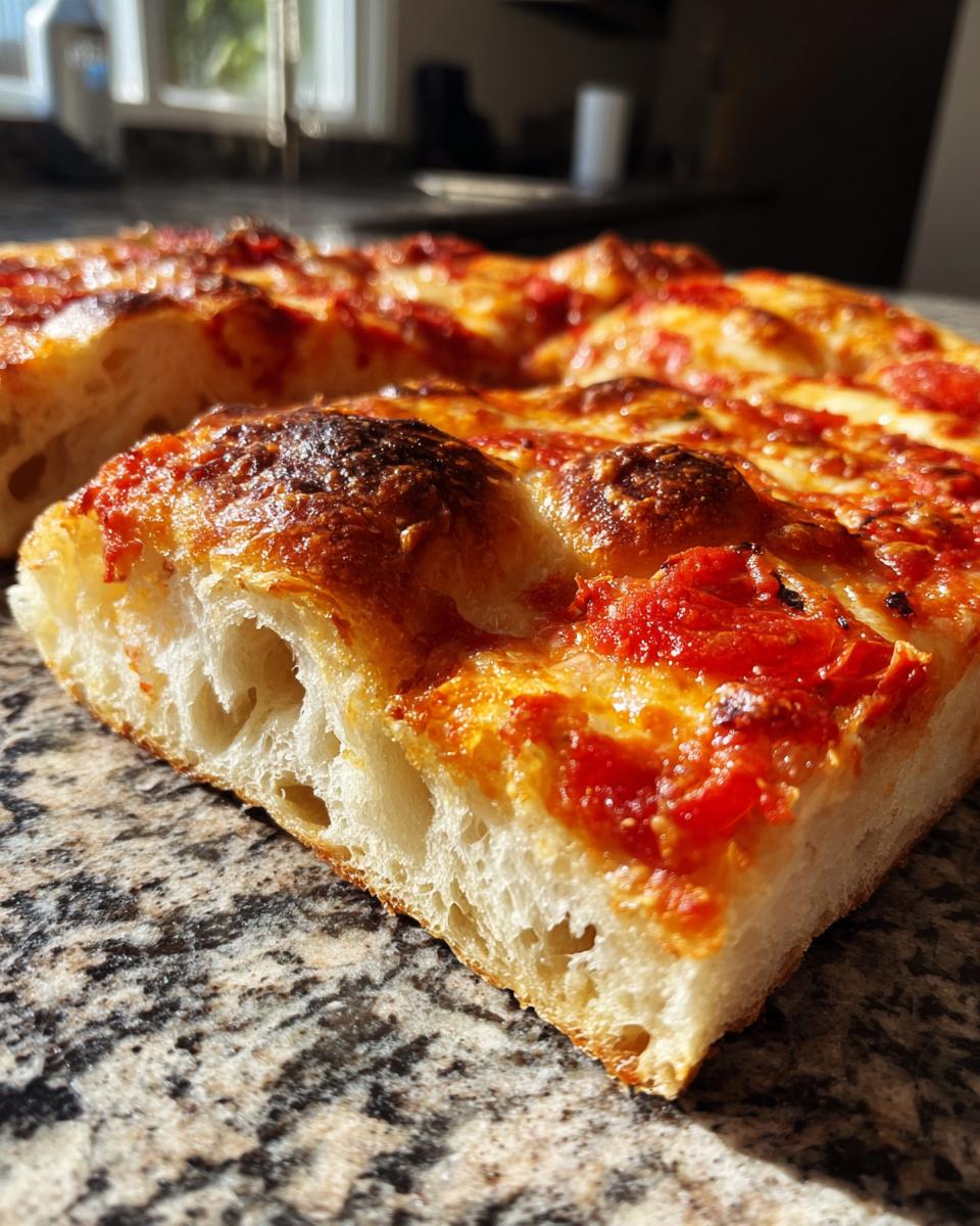 Close-up of a thick, airy slice of Sicilian pizza showing the fluffy interior crumb and bright red tomato topping.