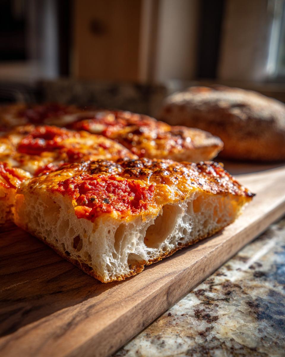 Close-up of a thick, airy slice of Sicilian pizza with bright red tomato sauce on a wooden board.