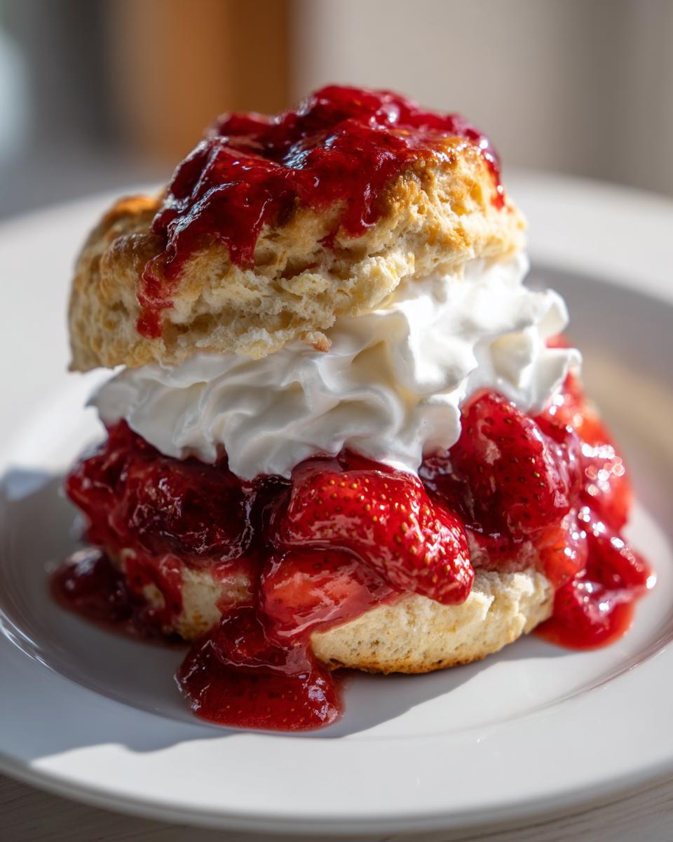 Close-up of a delicious strawberry shortcake featuring a biscuit, whipped cream, and macerated strawberries.