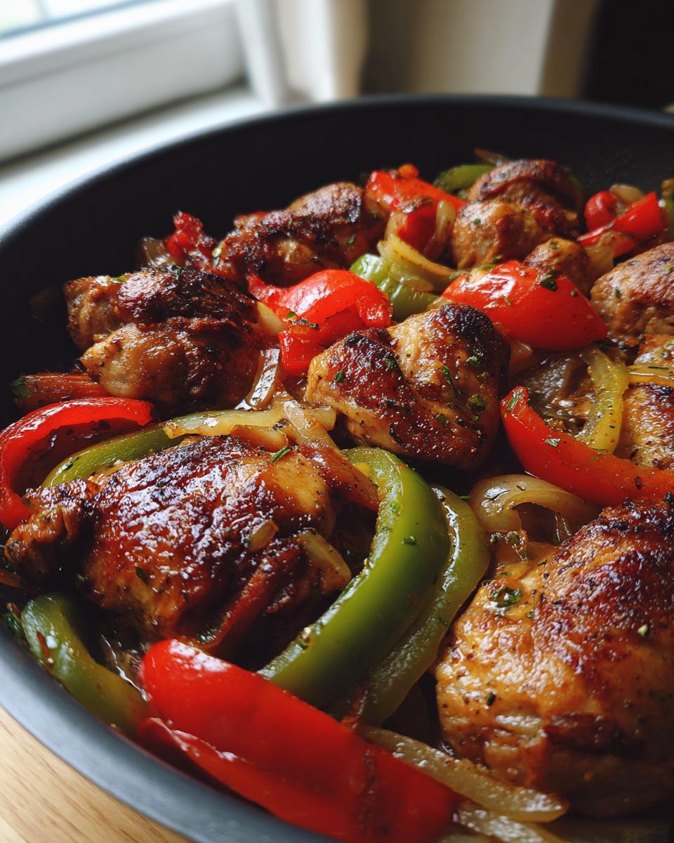 Close-up of browned chicken pieces mixed with vibrant red and green bell peppers and onions in a skillet, showcasing the chicken scarpariello.
