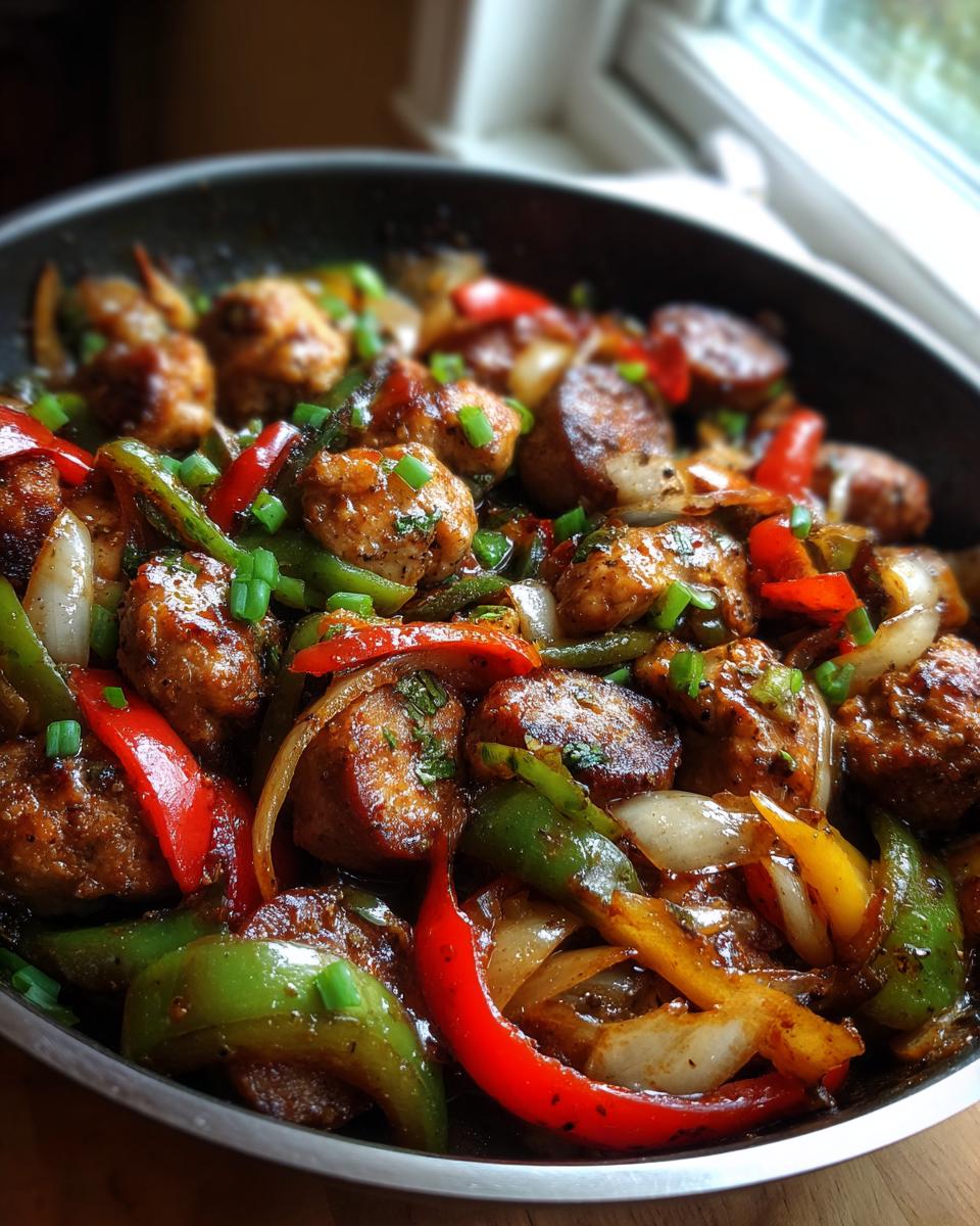 Close-up of savory chicken scarpariello pieces cooked with colorful bell peppers and onions in a dark skillet.