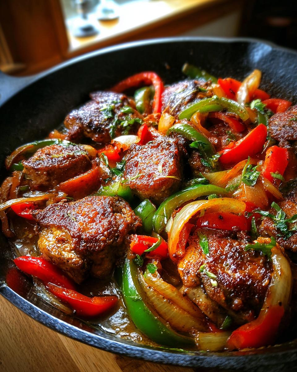 Close-up of browned chicken scarpariello pieces cooked with colorful sliced red and green bell peppers and onions in a cast iron skillet.