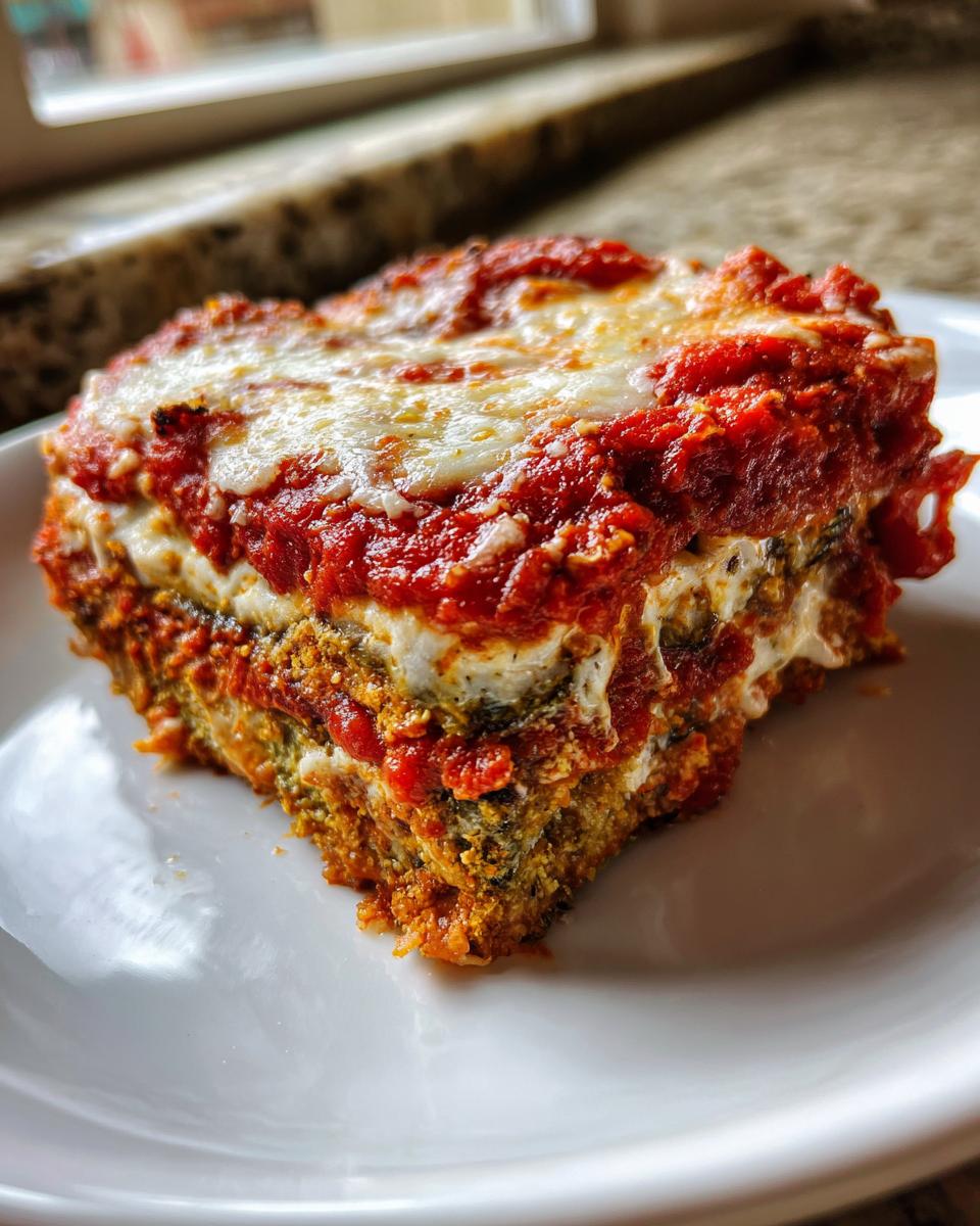 Close-up of a thick slice of baked eggplant parmesan layered with marinara sauce and melted mozzarella cheese.