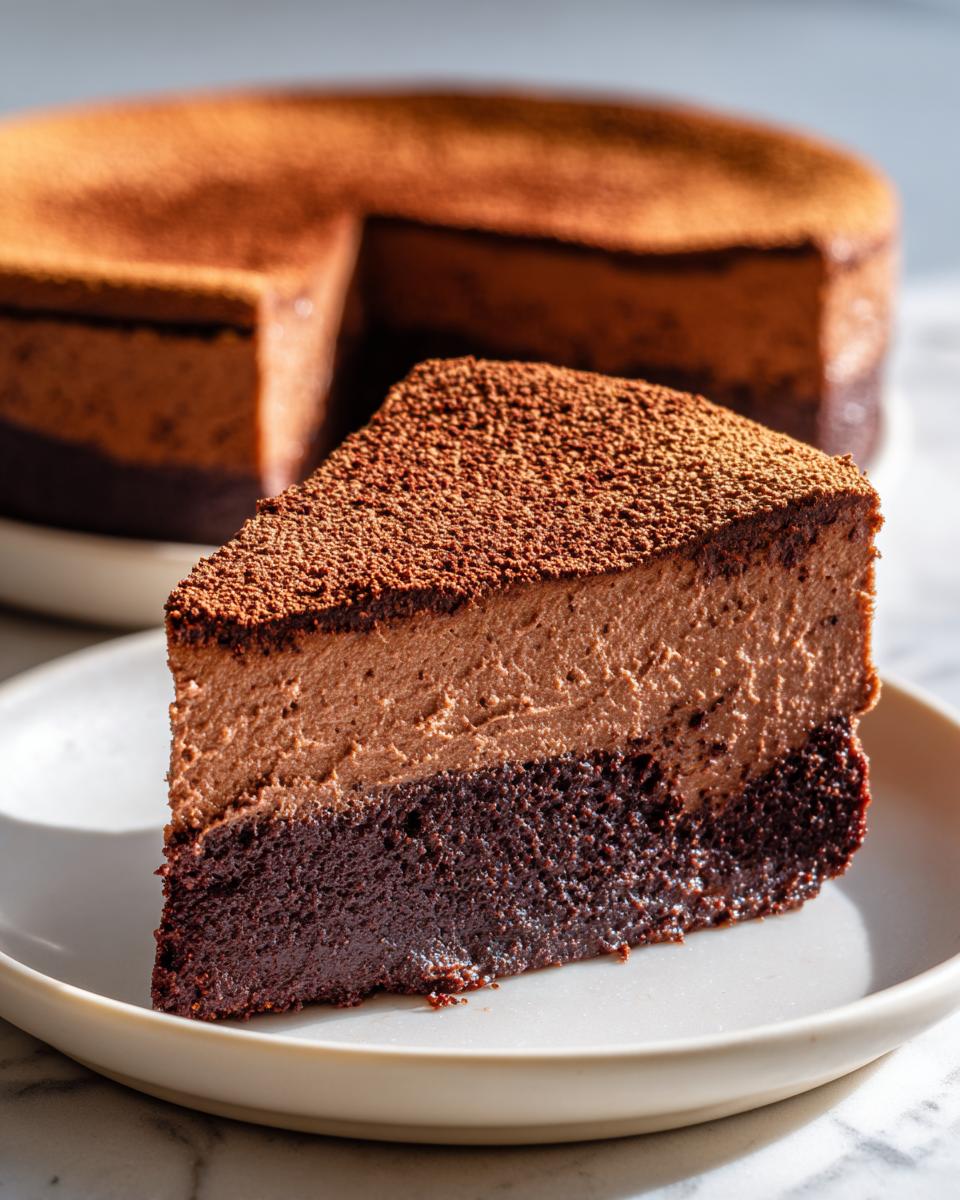 A perfect slice of chocolate mousse cake showing a dense brownie base and light mousse layer, dusted with cocoa powder.