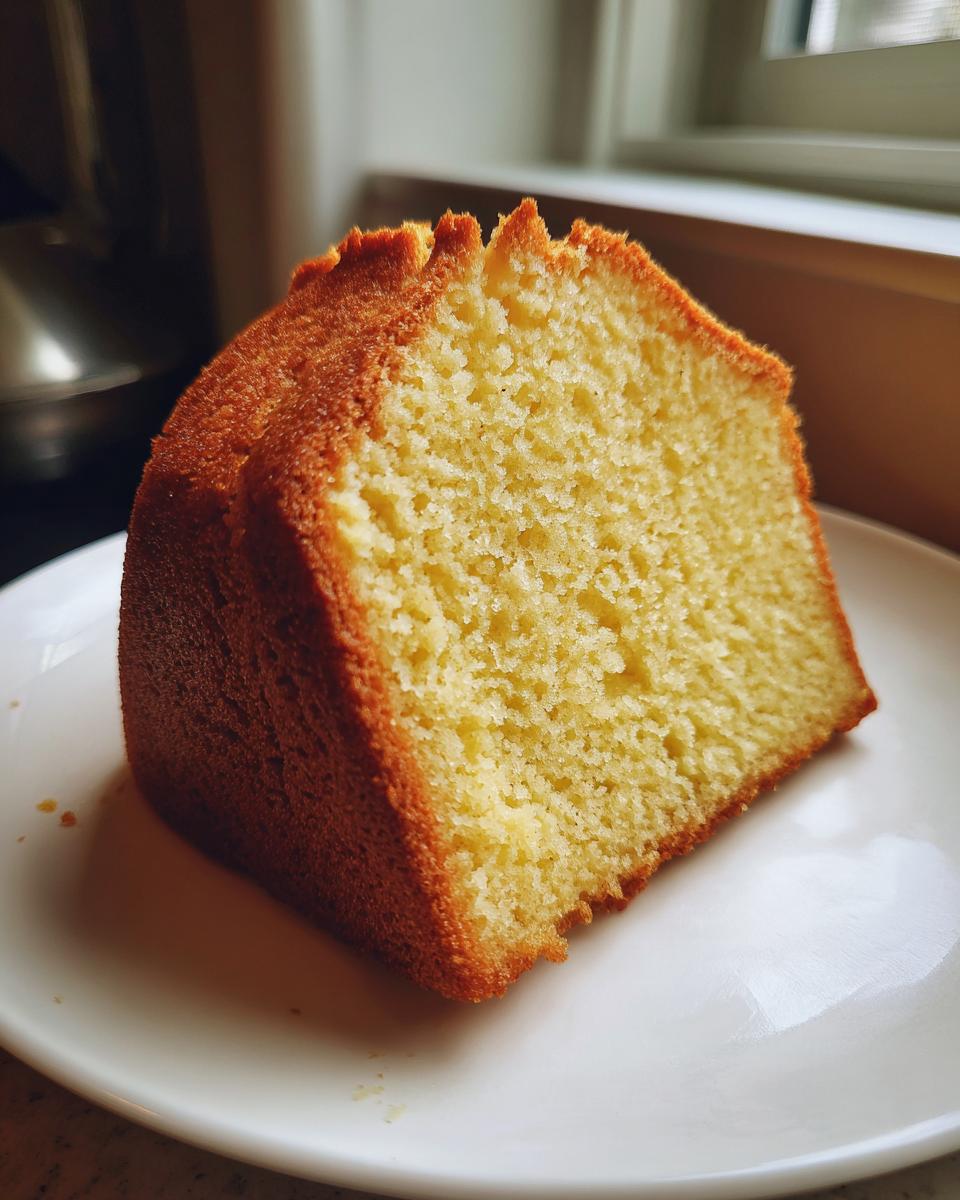 Close-up of a thick slice of moist cream cheese pound cake showing its dense, yellow crumb and golden-brown crust.