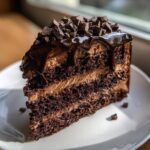A decadent slice of dark chocolate cake, layered with frosting, topped with ganache drip and chocolate chunks, showcasing an epic chocolate overload dessert.