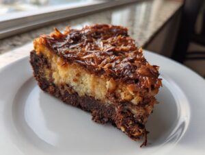 A close-up of a rich slice of german chocolate cheesecake showing the dark crust, creamy filling, and toasted coconut topping.