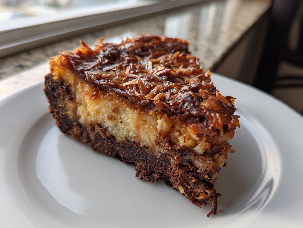 A close-up of a rich slice of german chocolate cheesecake showing the dark crust, creamy filling, and toasted coconut topping.