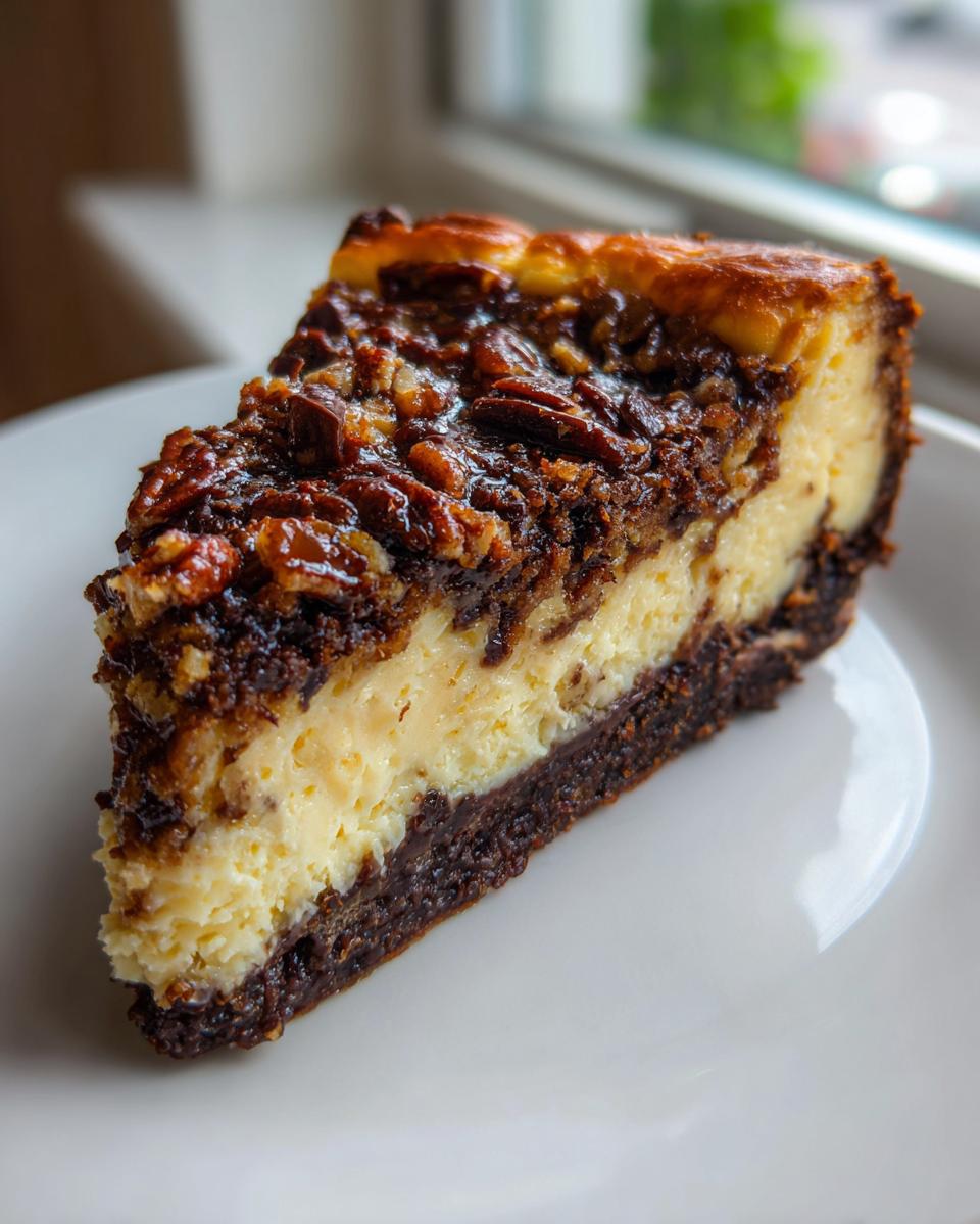 A perfect slice of german chocolate cheesecake showing a dark crust, creamy filling, and rich pecan topping.