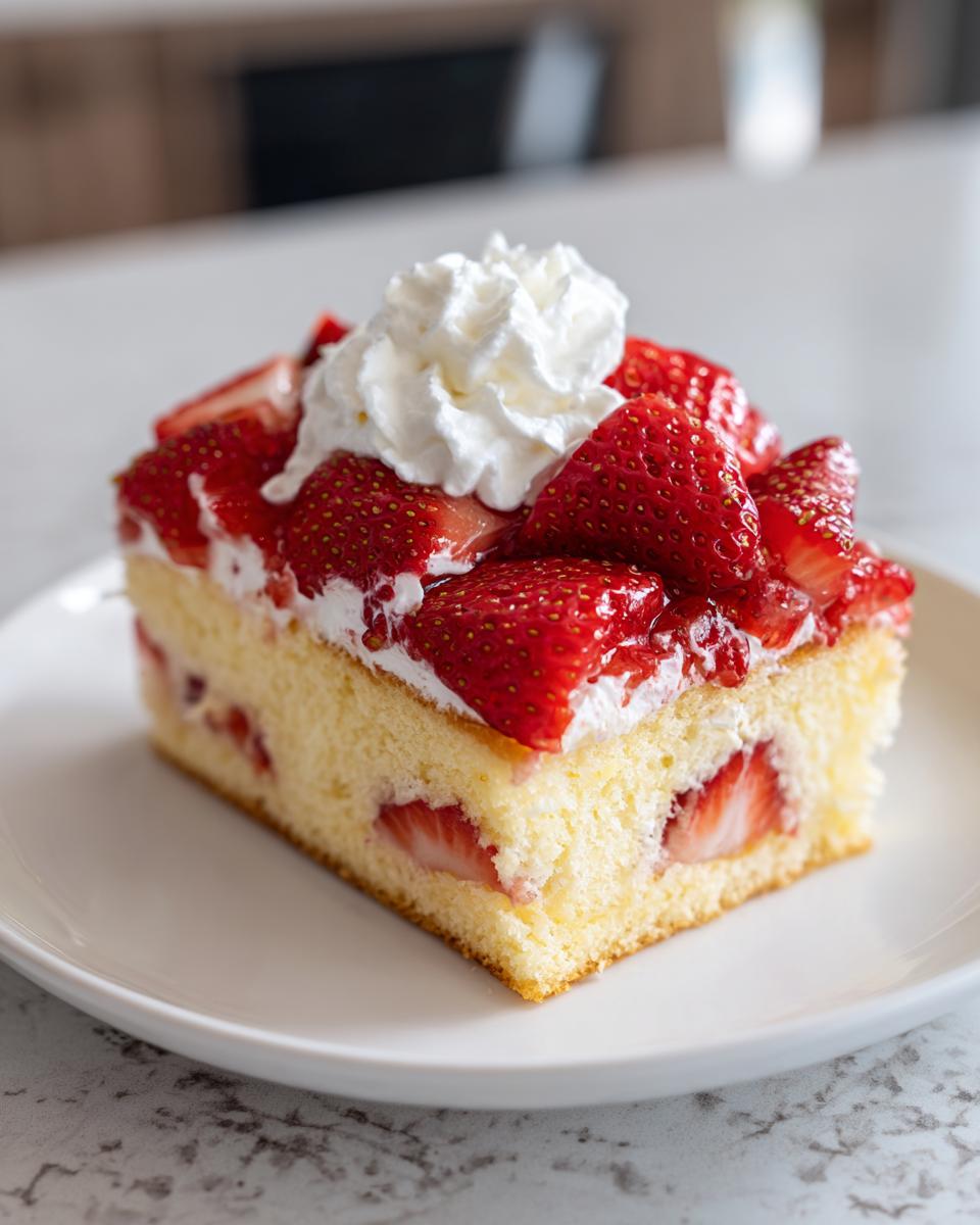 A close-up of a moist slice of german strawberry cake layered with cream and topped with fresh strawberries and whipped cream.