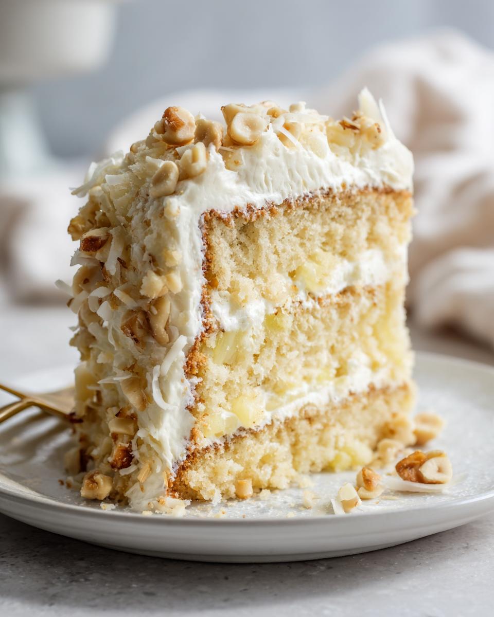 Close-up of a slice of layered Hawaiian wedding cake, featuring pineapple filling, white frosting, toasted nuts, and coconut flakes.