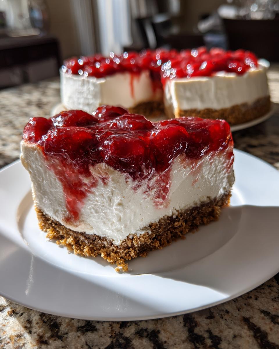 A close-up slice of no-bake cherry cheesecake with a thick graham cracker crust, set against the background of the whole cake.