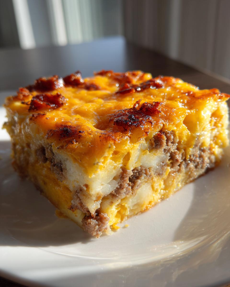 A close-up of a square slice of savory breakfast casserole featuring layers of egg, potato, ground meat, and melted cheddar cheese topping.