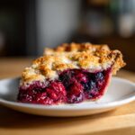 A close-up of a slice of triple berry pie showing a golden, flaky crust and a rich, dark purple berry filling.