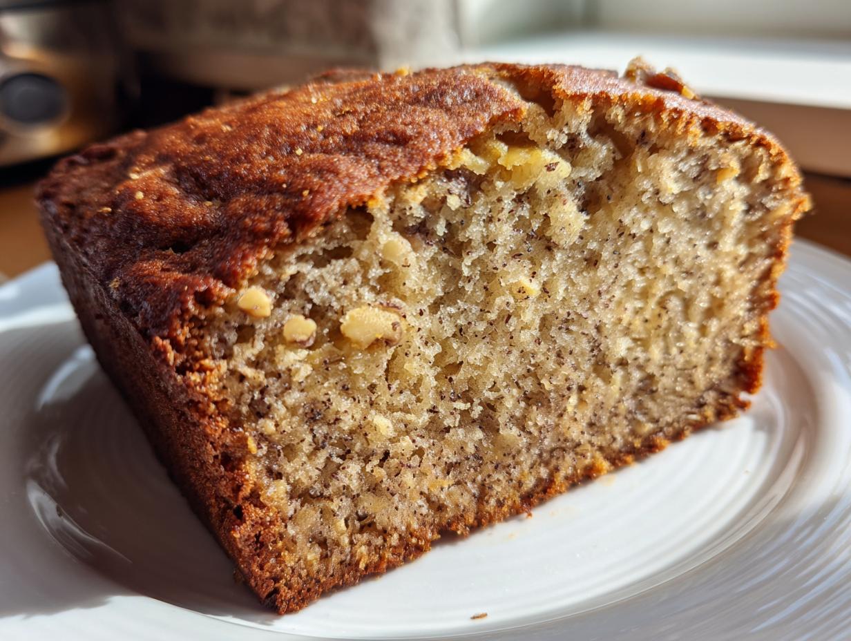 Close-up of a thick slice of sugar free banana bread showing a moist crumb texture and visible nuts.