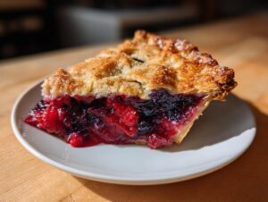 Close-up of a slice of triple berry pie showing a flaky, golden crust and vibrant, juicy berry filling.