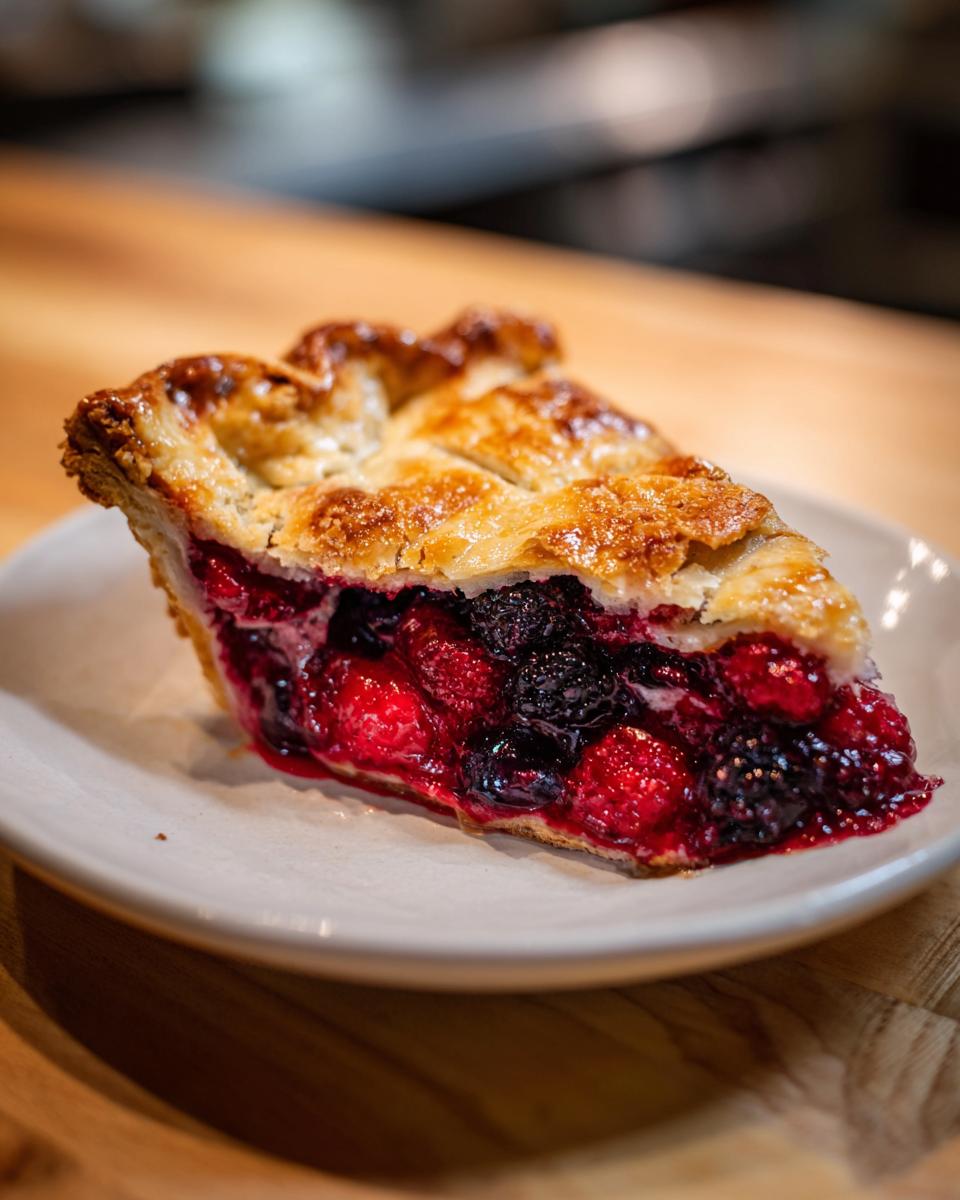 Close-up of a slice of triple berry pie showing a golden, flaky crust and vibrant red and dark berry filling.