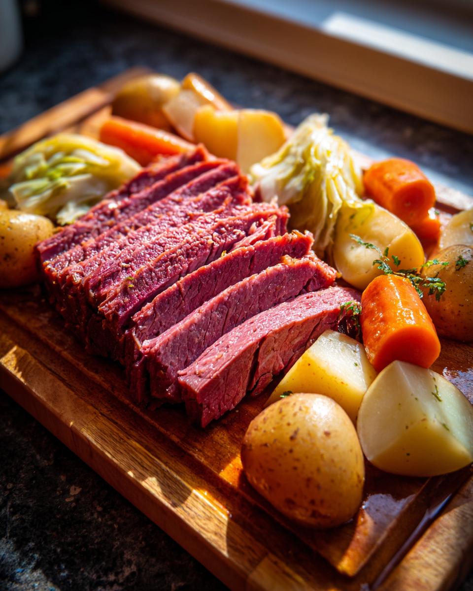 Slices of tender corned beef served on a wooden board surrounded by boiled potatoes, carrots, and cabbage.