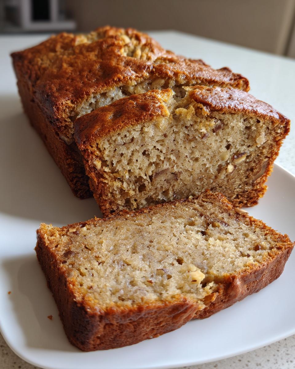 Close-up of a sliced loaf of moist greek yogurt banana bread showing a tender crumb and golden brown edges.