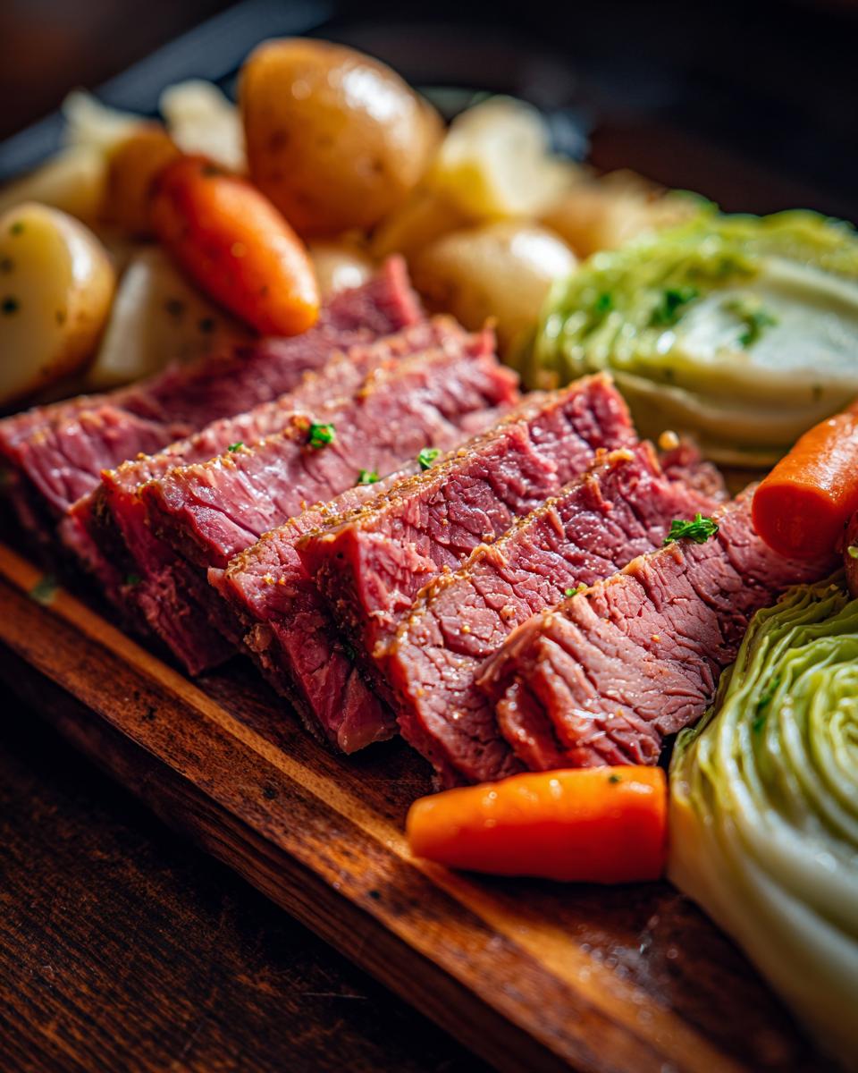 Slices of tender, pink corned beef served alongside cooked carrots, potatoes, and cabbage.