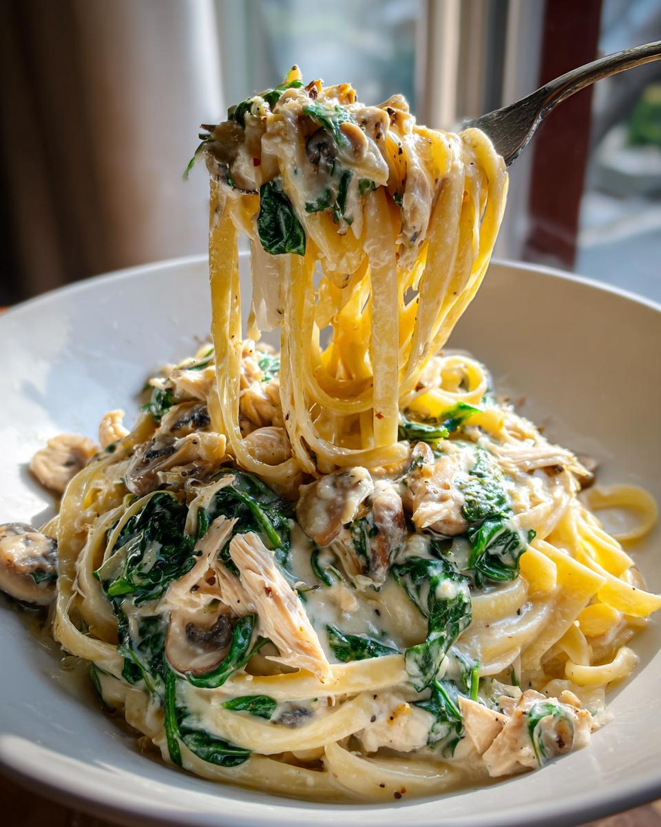 A fork lifts a generous portion of creamy slow cooker chicken fettuccine with mushrooms and spinach from a white bowl.