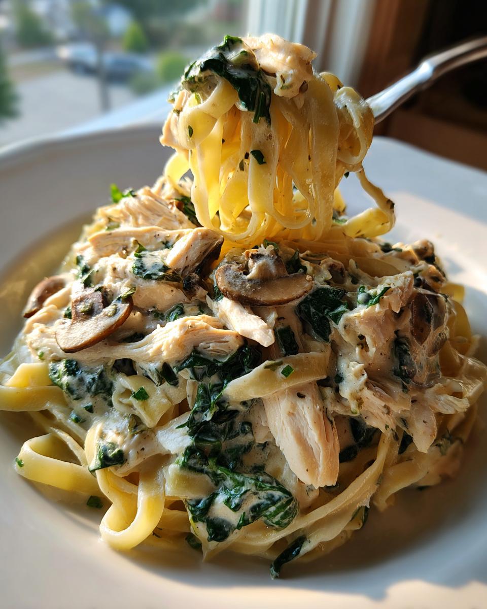 A fork lifts a twirl of fettuccine from a plate of creamy slow cooker chicken fettuccine with mushrooms and spinach.