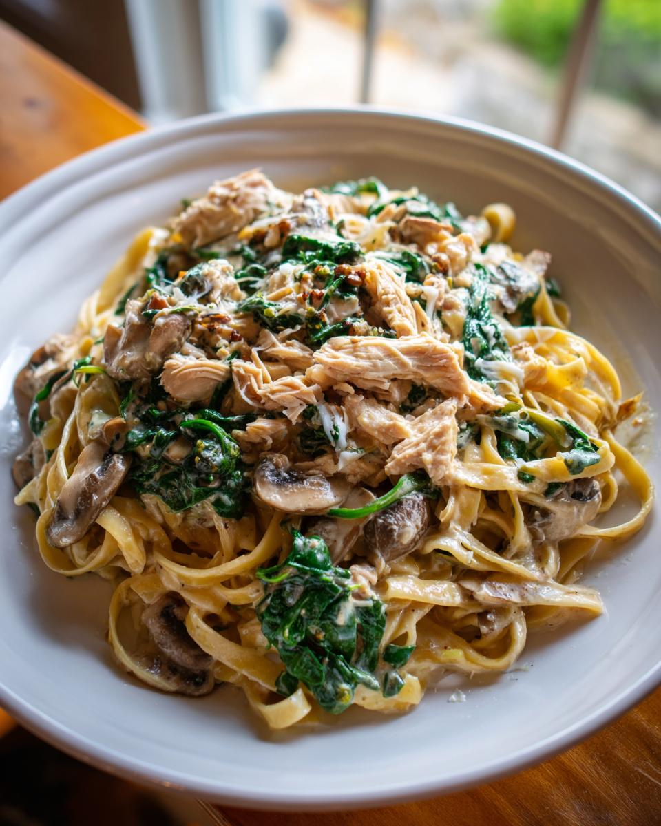 A close-up of a white bowl filled with slow cooker chicken fettuccine with mushrooms and spinach in a creamy sauce.