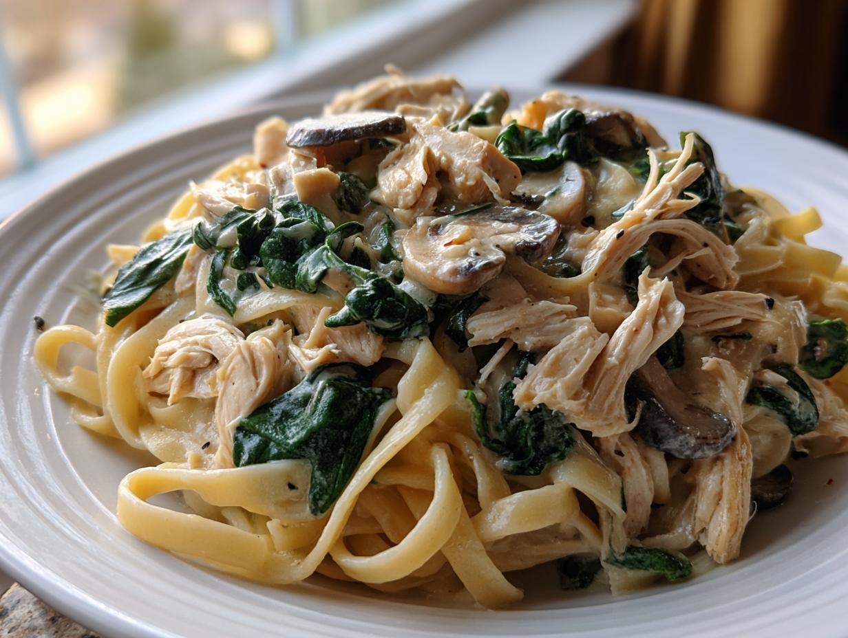 A close-up of creamy slow cooker chicken fettuccine with mushrooms and wilted spinach served on a white plate.