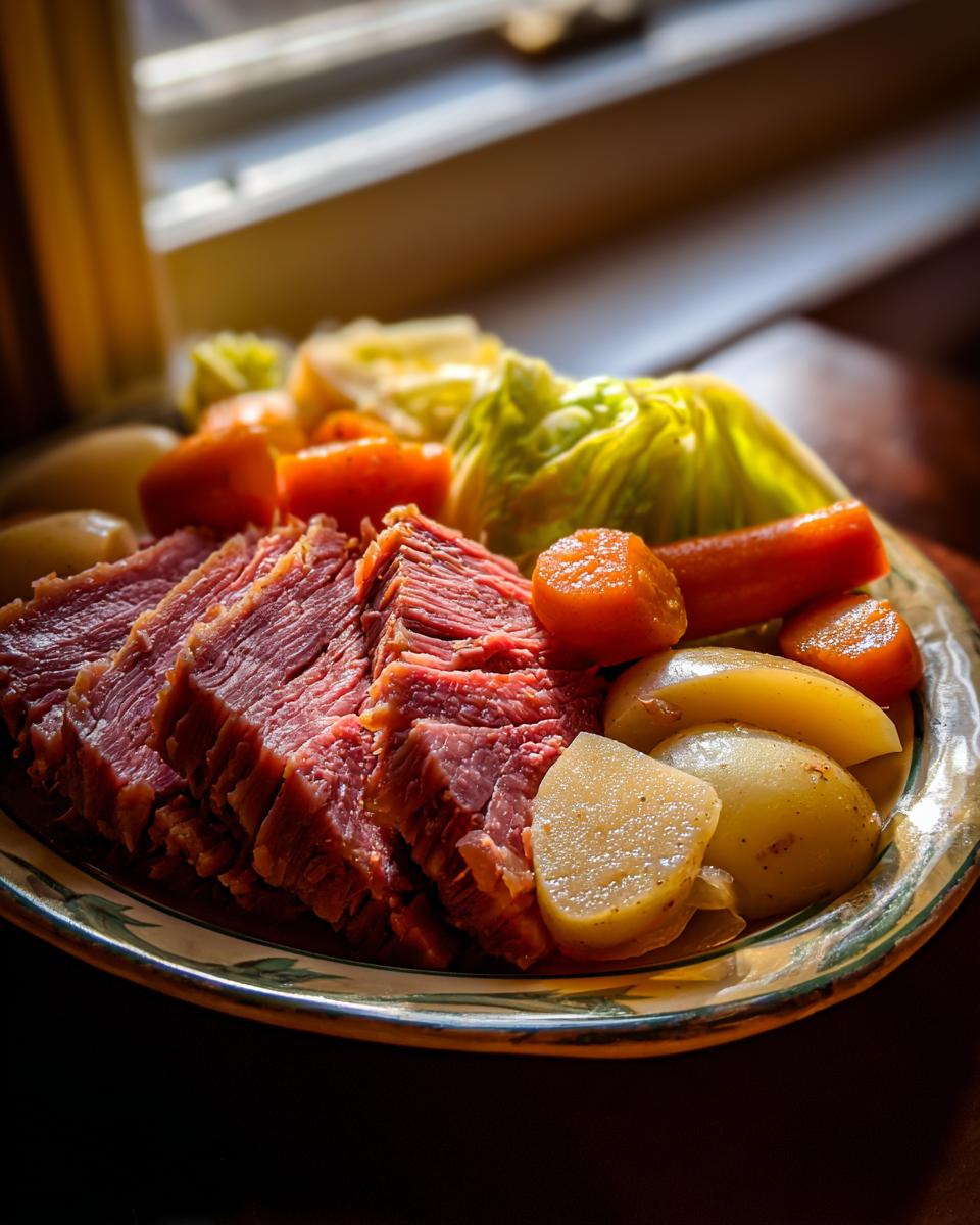 Slices of tender corned beef served alongside boiled potatoes, carrots, and cabbage.