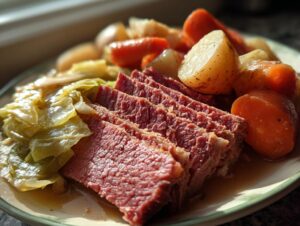 Slices of tender corned beef served on a plate with boiled cabbage, potatoes, and carrots.