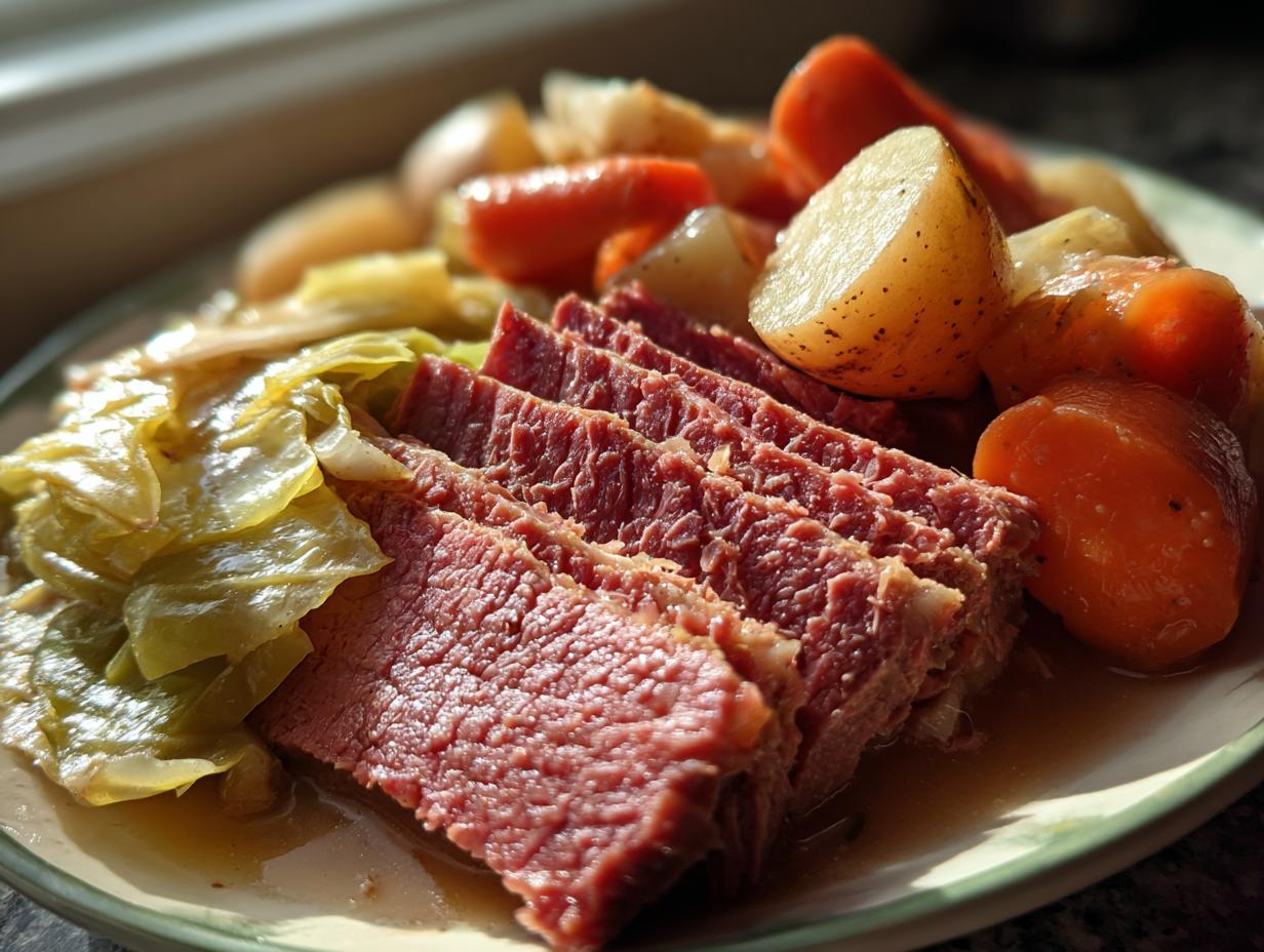 Slices of tender corned beef served on a plate with boiled cabbage, potatoes, and carrots.