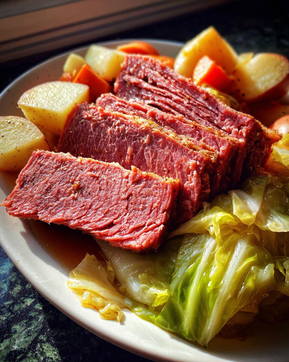 Slices of tender, pink corned beef served alongside boiled cabbage, potatoes, and carrots.