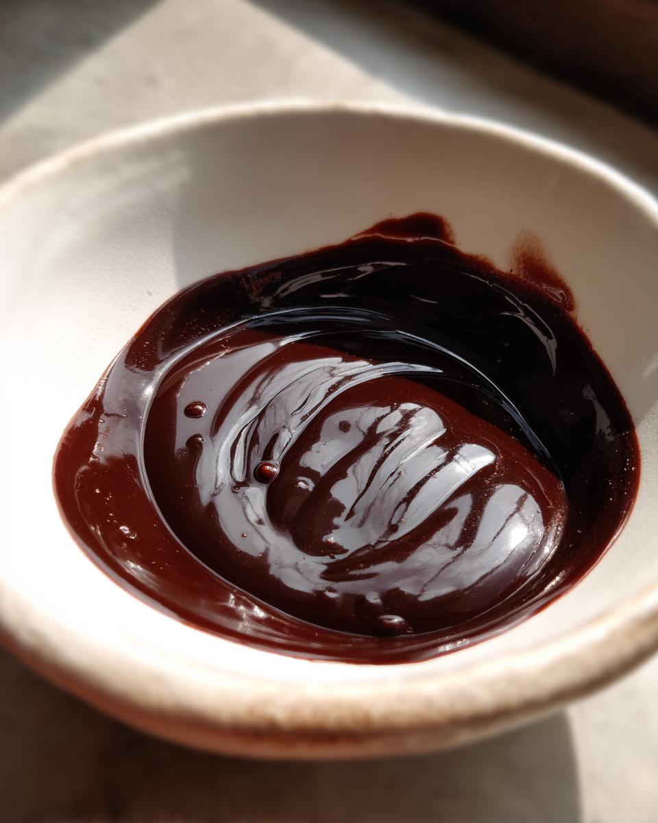 Close-up of rich, glossy, dark chocolate ganache swirled inside a small white bowl.