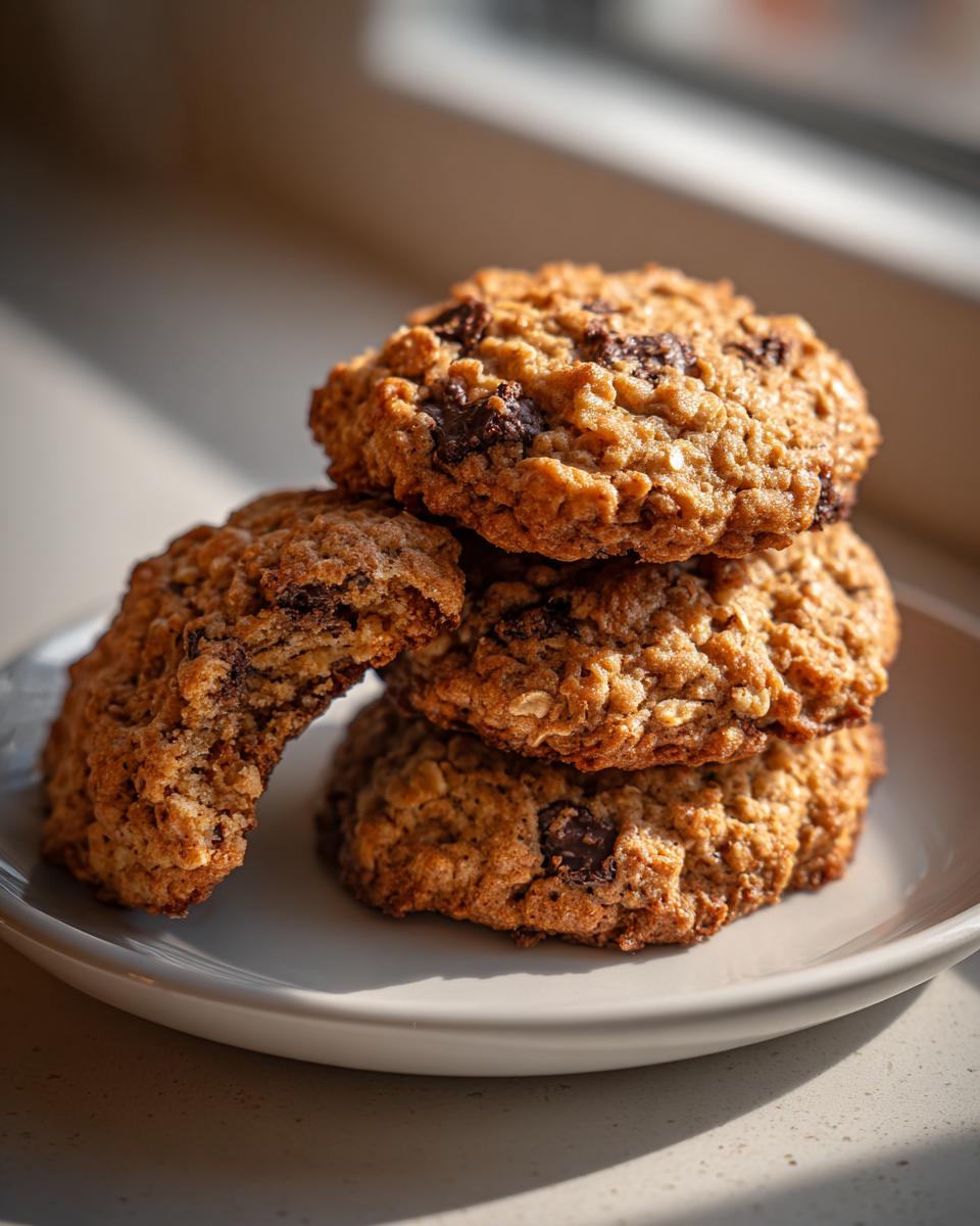 A stack of four soft oatmeal cookie treats, one broken to show texture, sitting on a white plate.