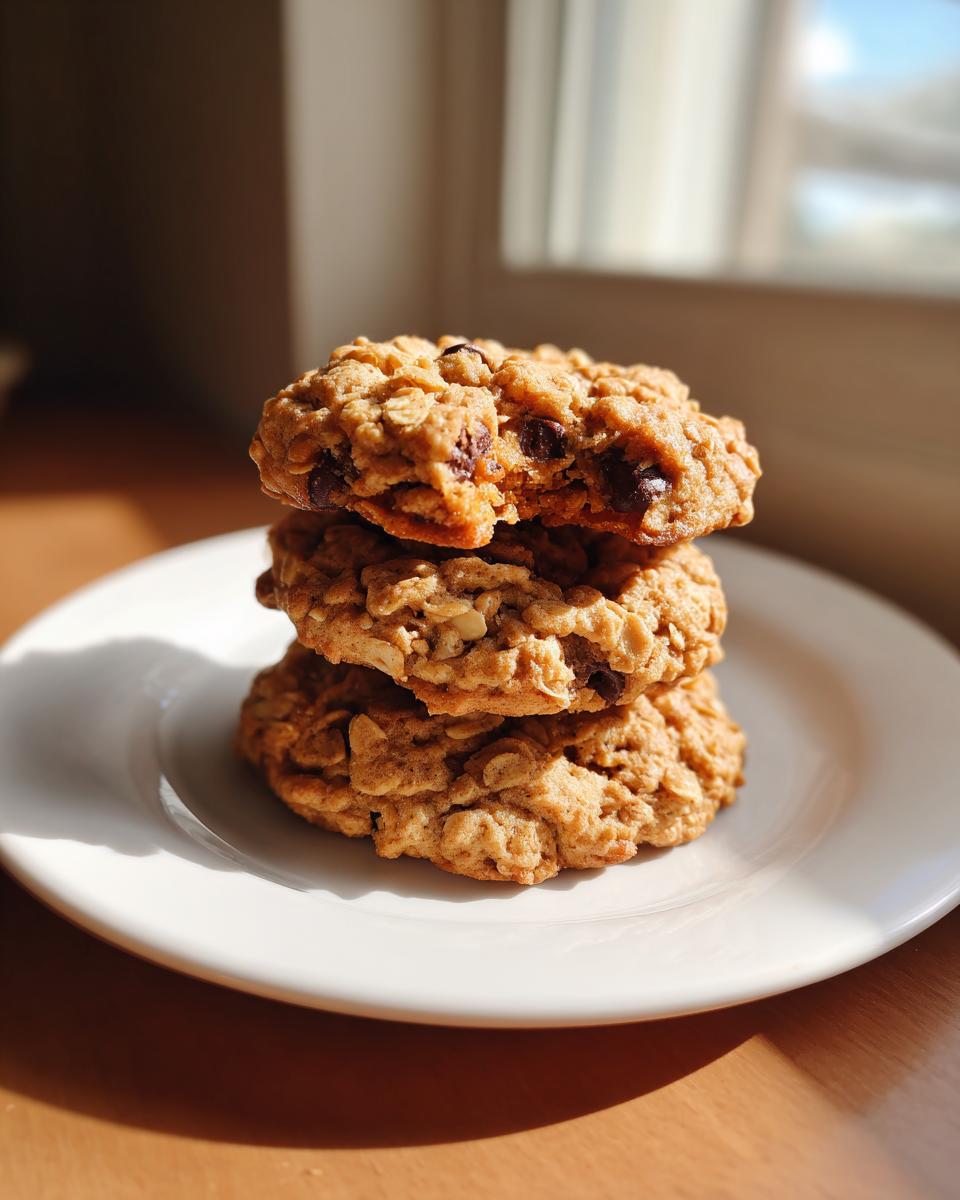 Three soft oatmeal cookie stacked on a white plate, featuring visible oats and chocolate chips.