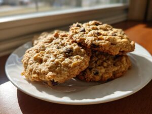 A stack of three soft oatmeal cookie treats with visible oats and chocolate chips on a white plate.