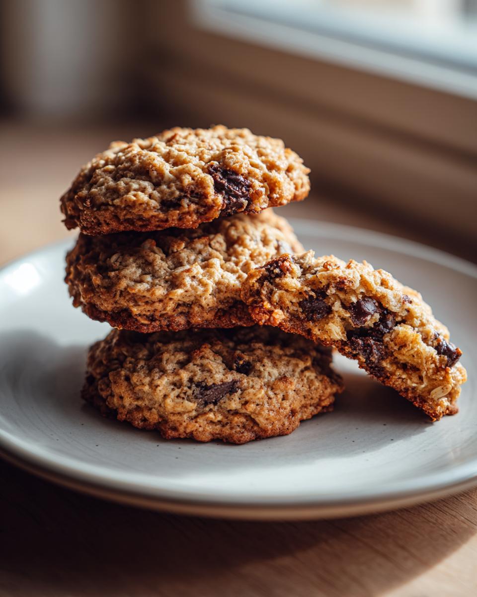 A stack of three soft oatmeal cookie treats, with one cookie broken in half showing melted chocolate chips inside.