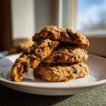 A stack of four soft oatmeal cookie treats loaded with chocolate chips, dramatically lit by a window.