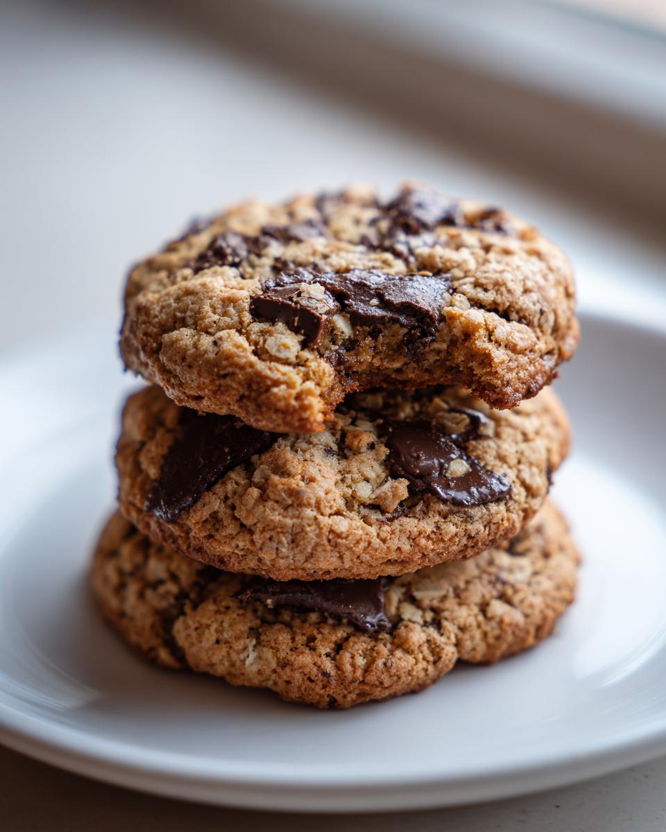 A stack of three soft oatmeal cookie treats loaded with melted chocolate chunks, resting on a white plate.