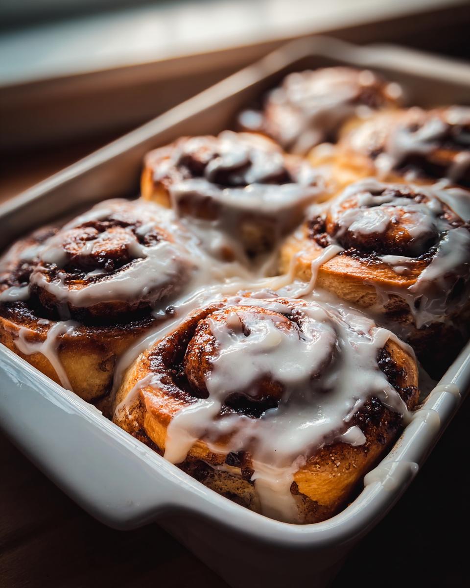 Close-up of freshly baked sourdough discard cinnamon rolls generously topped with white icing in a white baking dish.