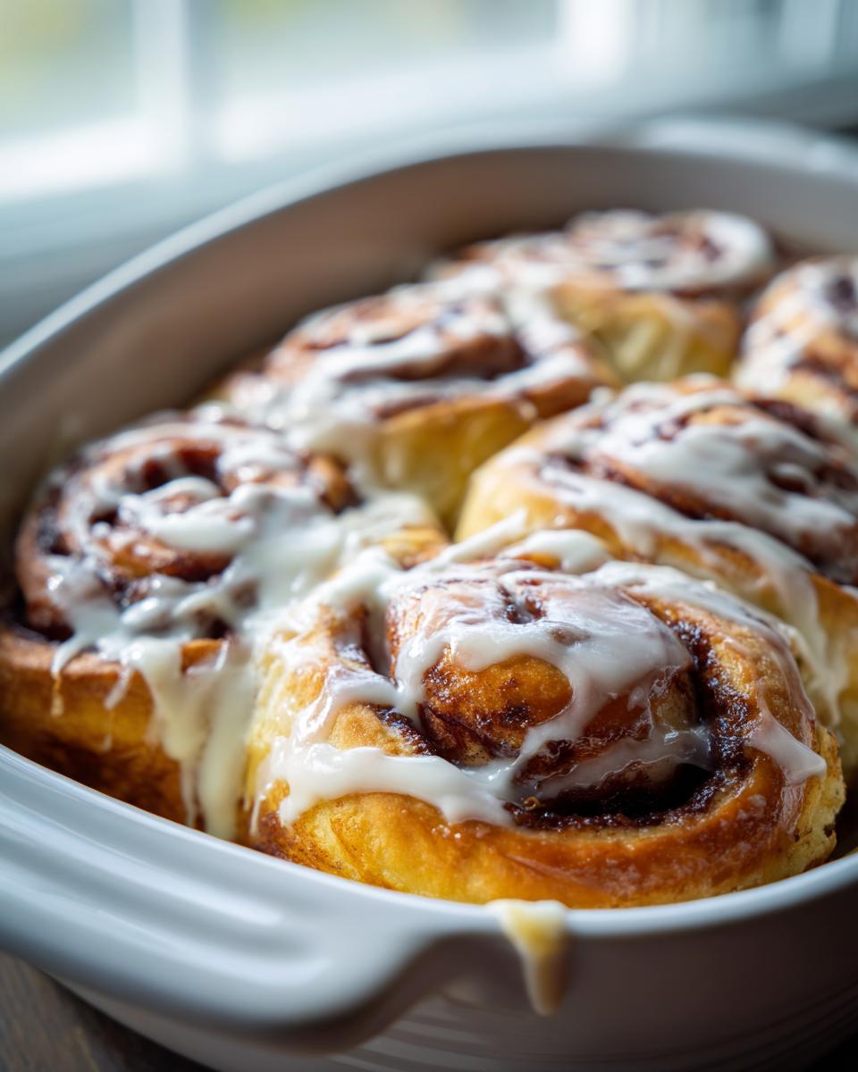 Close-up of freshly baked sourdough discard cinnamon rolls covered in thick white icing in a white baking dish.