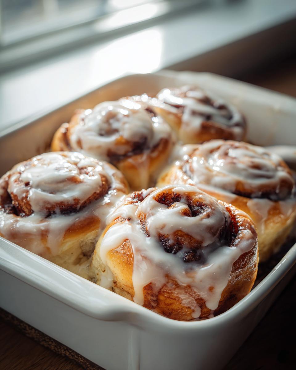 Close-up of freshly baked sourdough discard cinnamon rolls topped with thick white icing in a white baking dish.