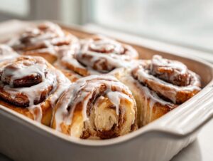 Close-up of freshly baked sourdough discard cinnamon rolls covered in thick white icing in a baking dish.