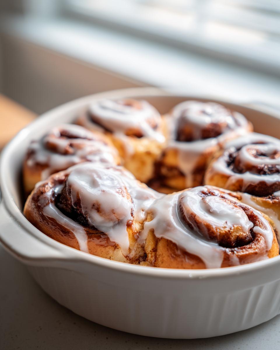 A close-up of freshly baked sourdough discard cinnamon rolls topped with thick white icing in a white baking dish.