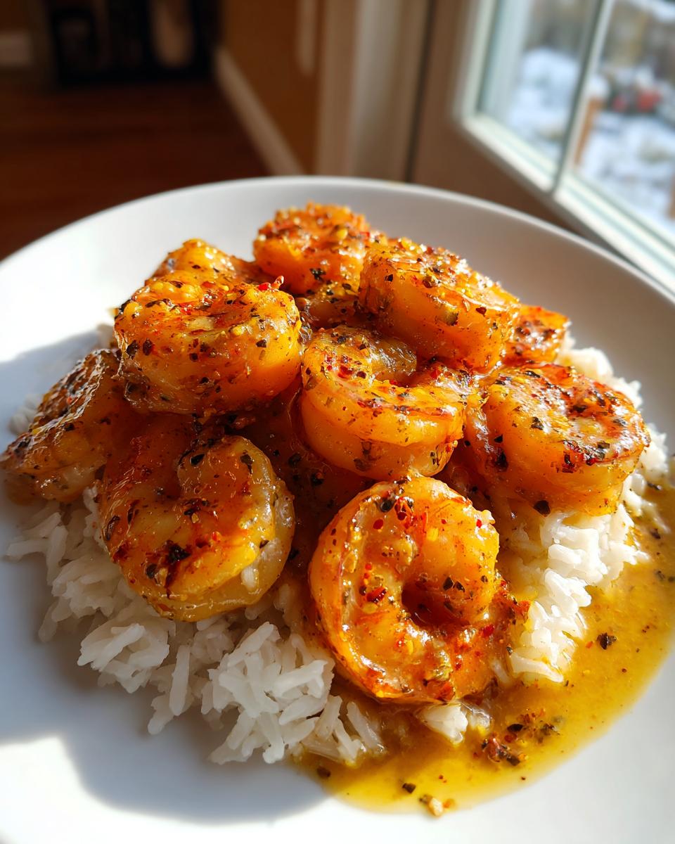 Close-up of plump, seasoned cajun shrimp coated in a buttery sauce served over a bed of white rice.