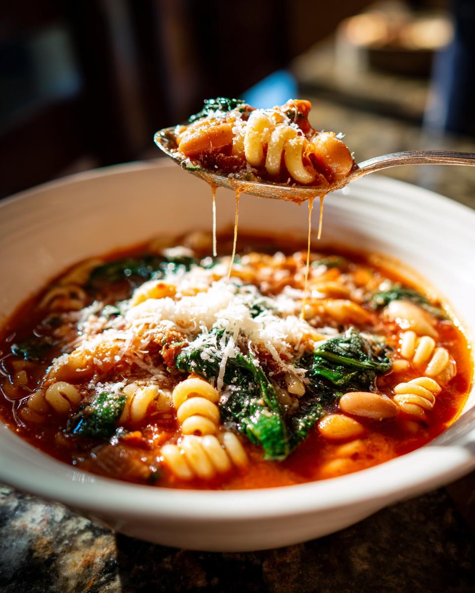 A spoonful of minestrone soup, showing pasta, beans, and greens, dripping back into the bowl topped with Parmesan.