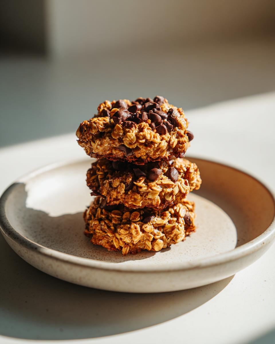 Three oatmeal chocolate chip breakfast cookie stacked on a speckled ceramic plate, illuminated by natural sunlight.
