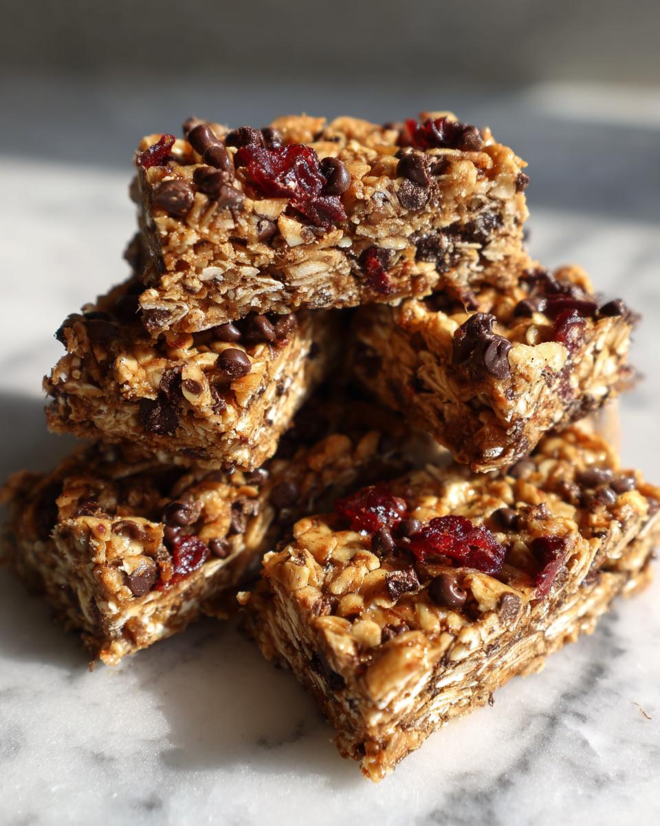 A stack of homemade no bake granola bars loaded with oats, chocolate chips, and dried cranberries.