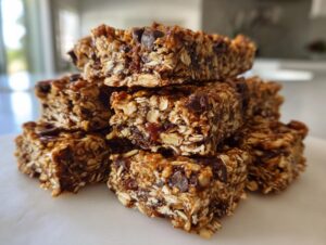 A close-up stack of rich, chewy no bake granola bars studded with oats and chocolate chips.